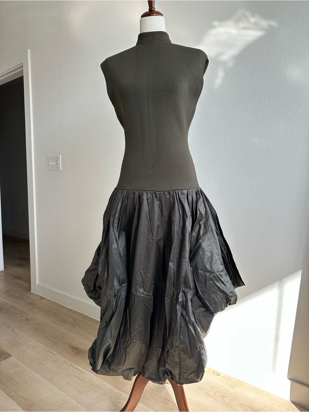 Aje VENETIA KNIT MIDI DRESS Olive Green Bubble Hem Skirt